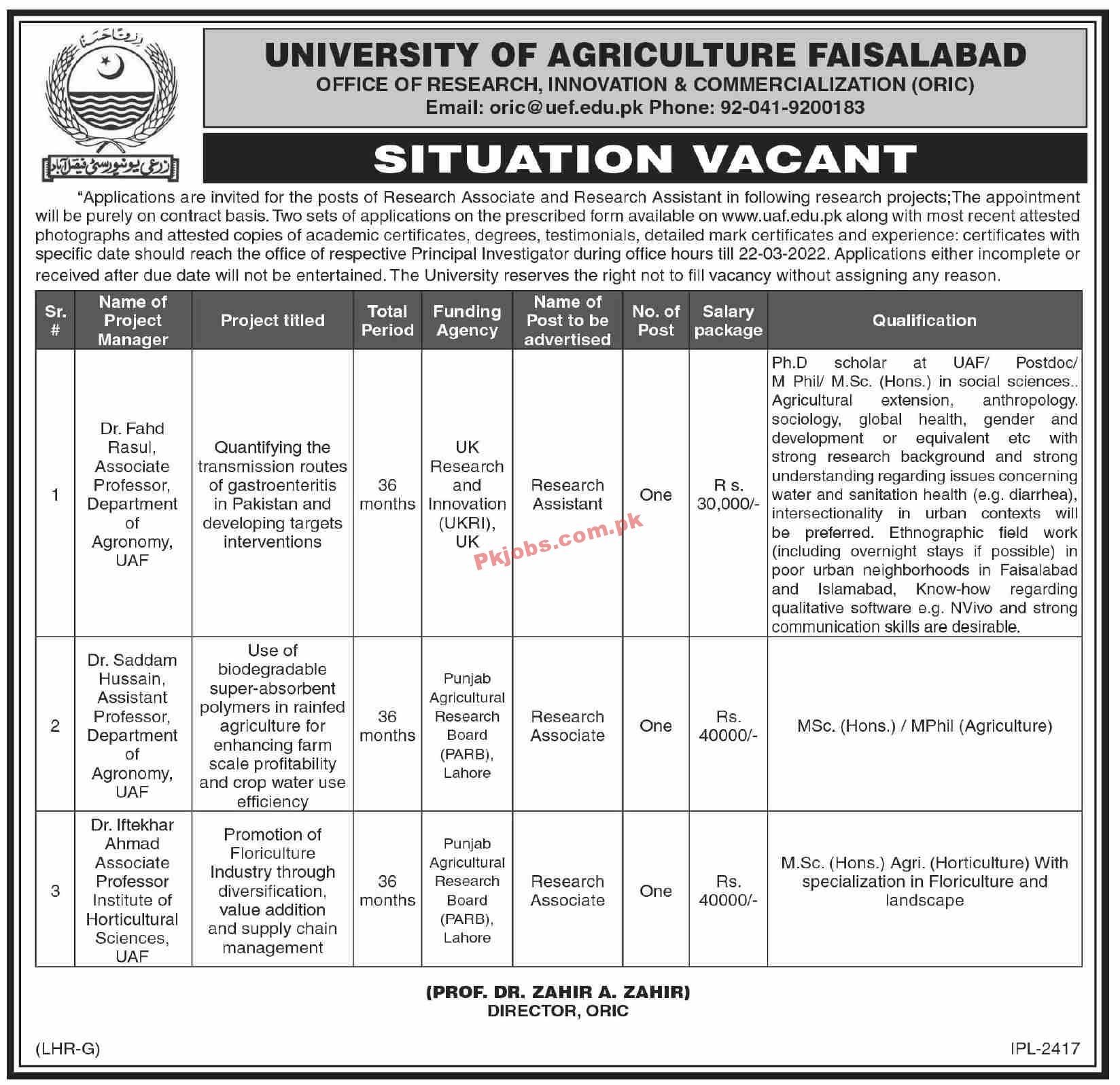 Jobs in University of Agriculture Faisalabad