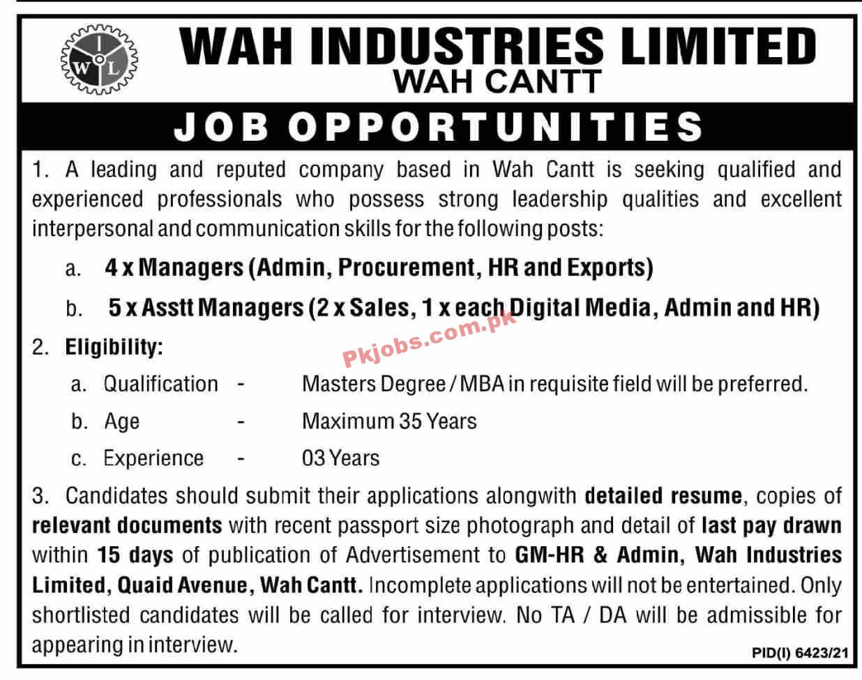 Jobs in Wah Industries Limited WIL