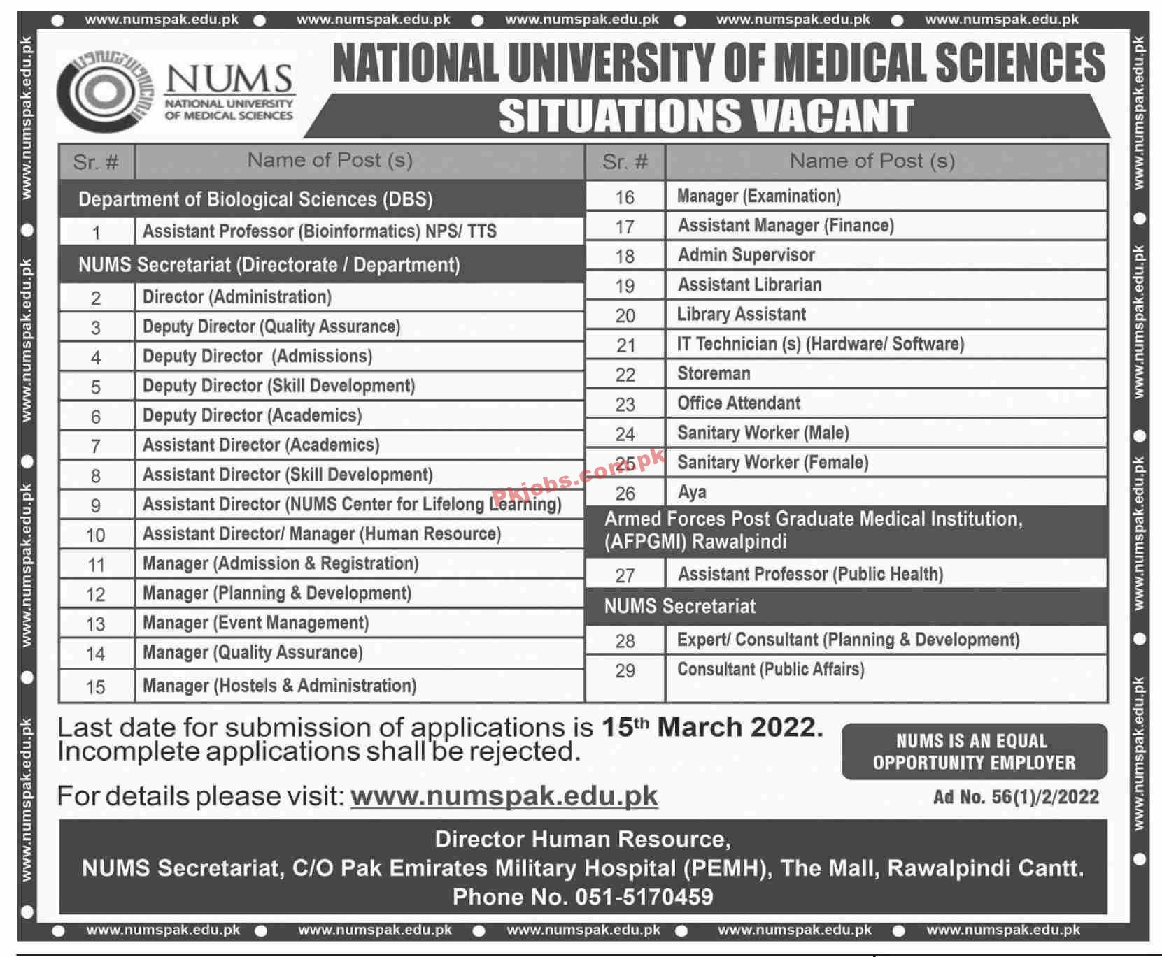 NUMS Jobs 2022 | National University of Medical Sciences NUMS Announced Latest Recruitments Jobs 2022