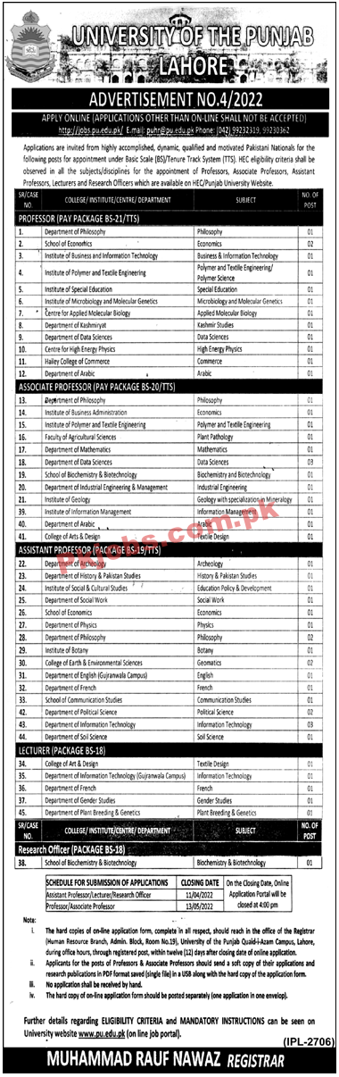 PU Jobs 2022 | University of the Punjab Head Office Announced Latest ...