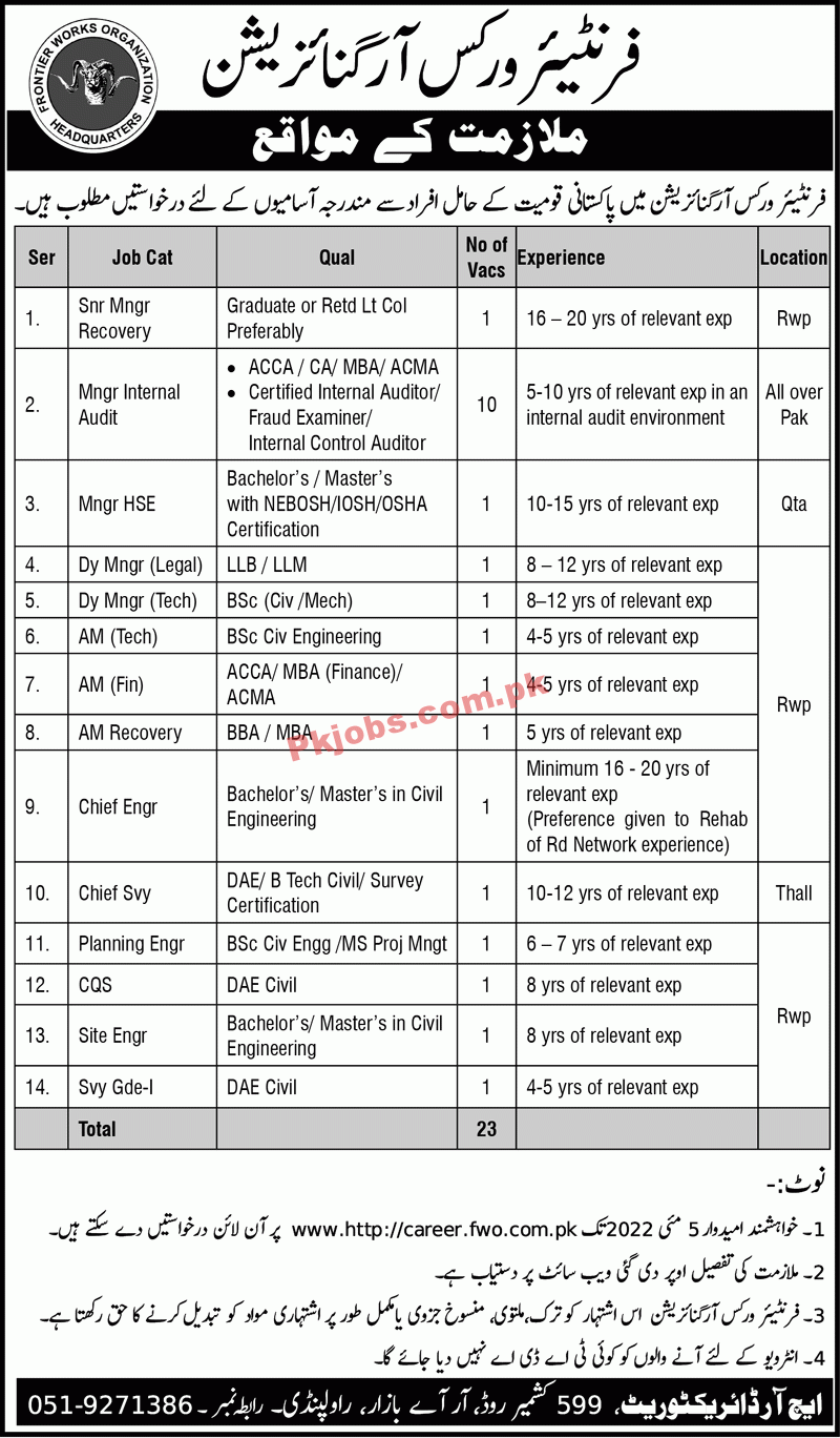 FWO Jobs 2022 | Frontier Works Organization FWO Headquarters Announced Latest Recruitments Jobs 2022