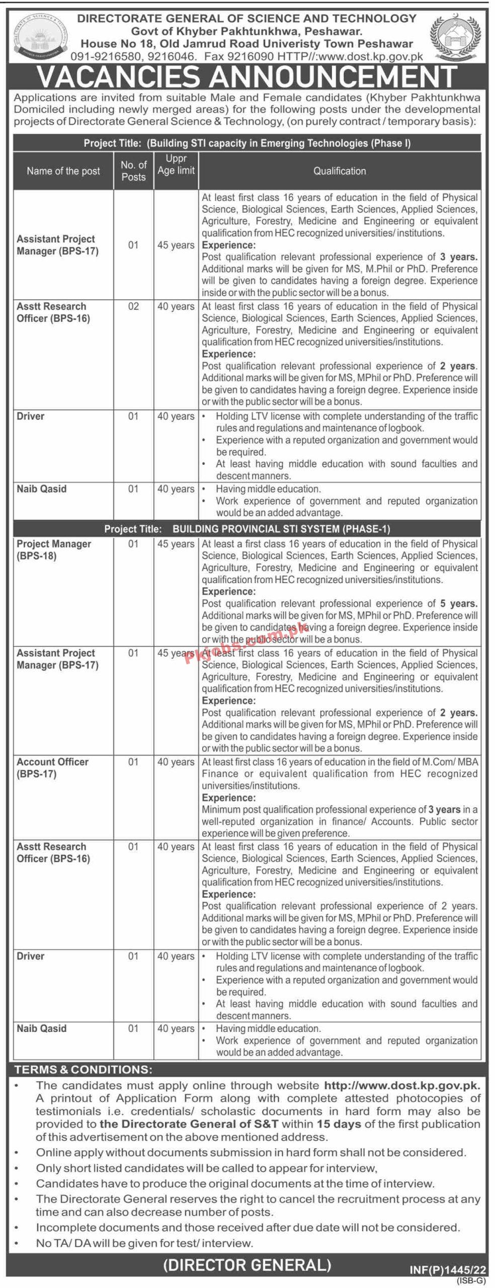 Jobs in Directorate General of Science and Technology Govt of Khyber Pakhtunkhwa Peshawar