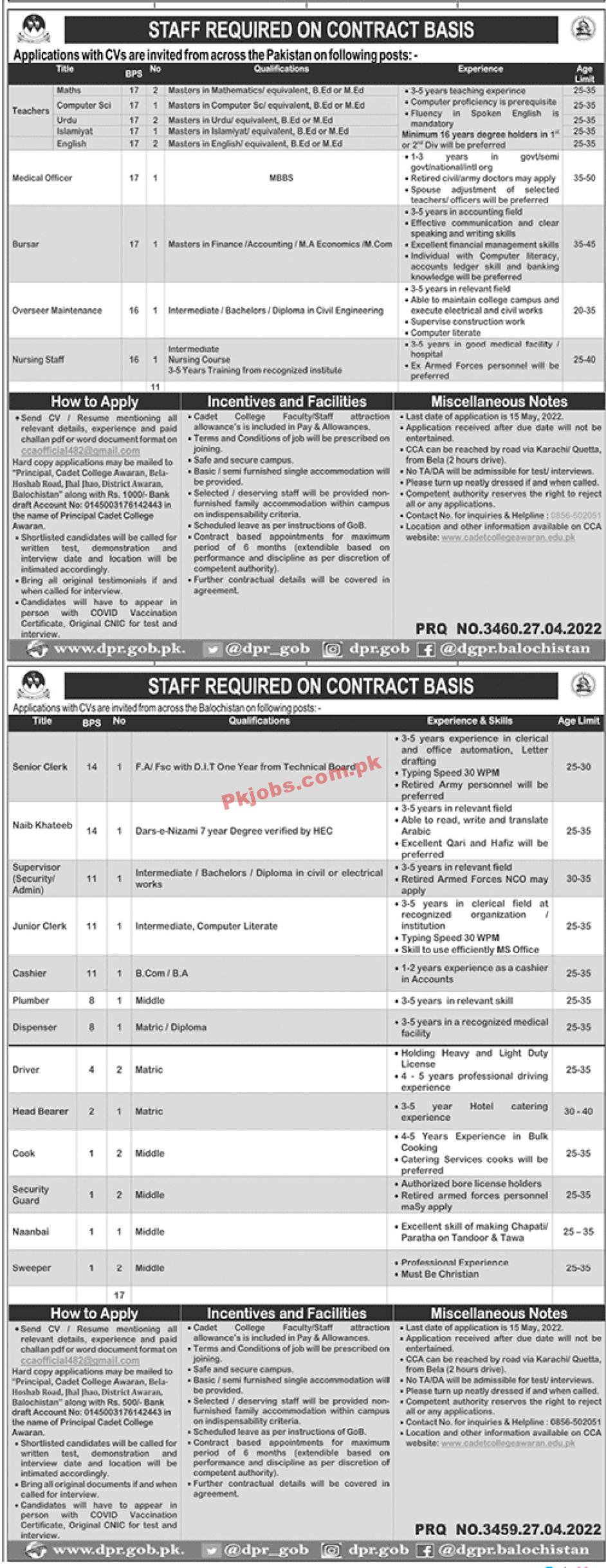 New govt Jobs in Pakistan today Cadet College Jobs 2022 – Pk Jobs