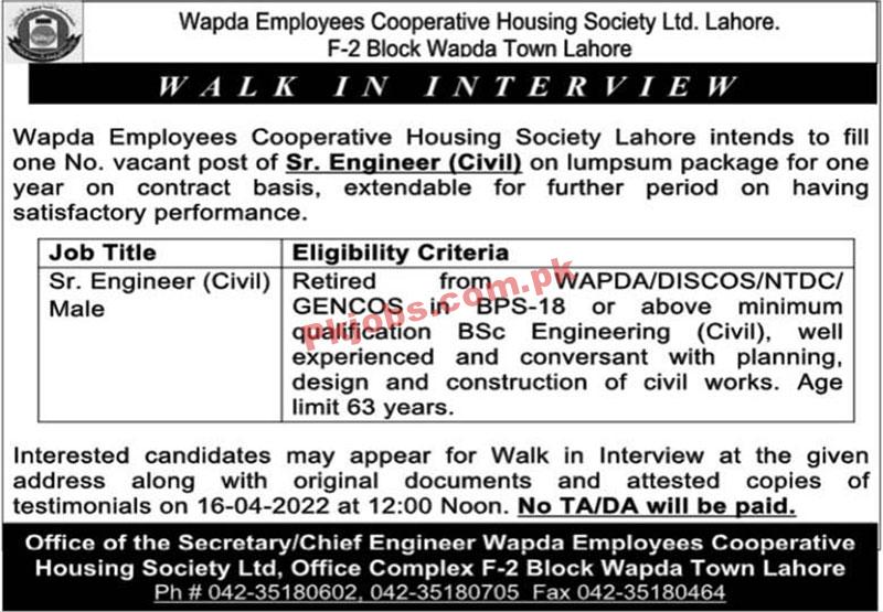 WAPDA Jobs 2022 | Wapda Employees Cooperative Housing Society Headquarters Announced Latest Advertisement Jobs 2022