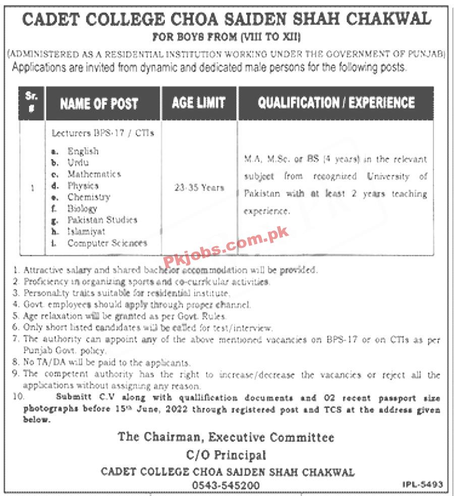 Chakwal Cadet College Latest in Pakistan Jobs 2022 Advertisement – Pk Jobs