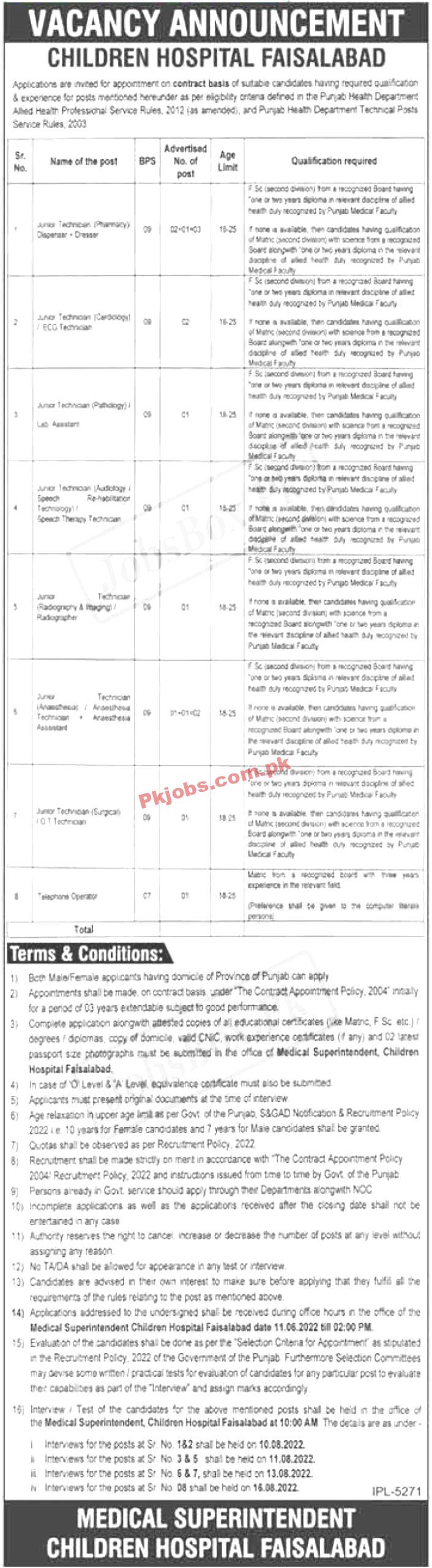 Faisalabad Children Hospital New Latest Govt Jobs 2022 Advertisement – Pk Jobs