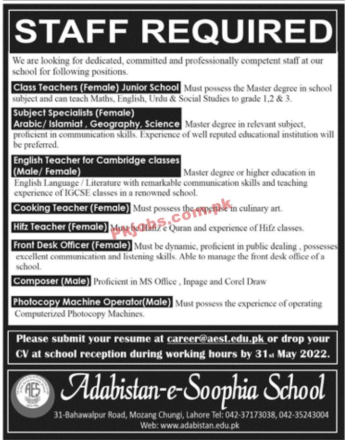 Govt It Jobs Adabistan E Sophia School Jobs 2022 – Pk Jobs