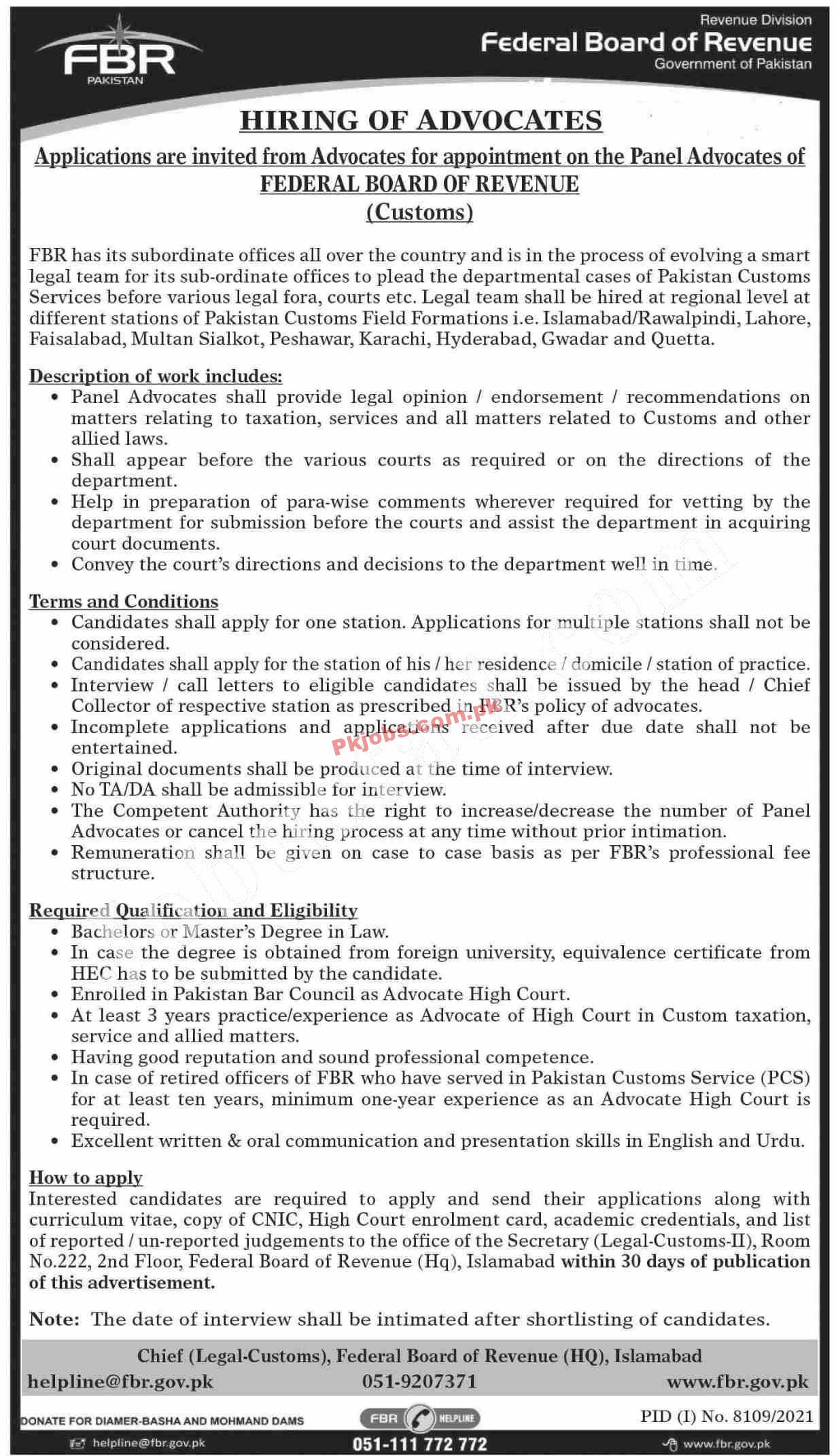 Islamabad Federal Board of Revenue FBR Latest Government in Pakistan Jobs 2022 Advertisement – Pk Jobs