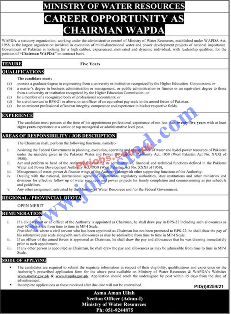 Islamabad Ministry of Water Resources MOWR Latest Government in Pakistan Jobs 2022 Advertisement – Pk Jobs