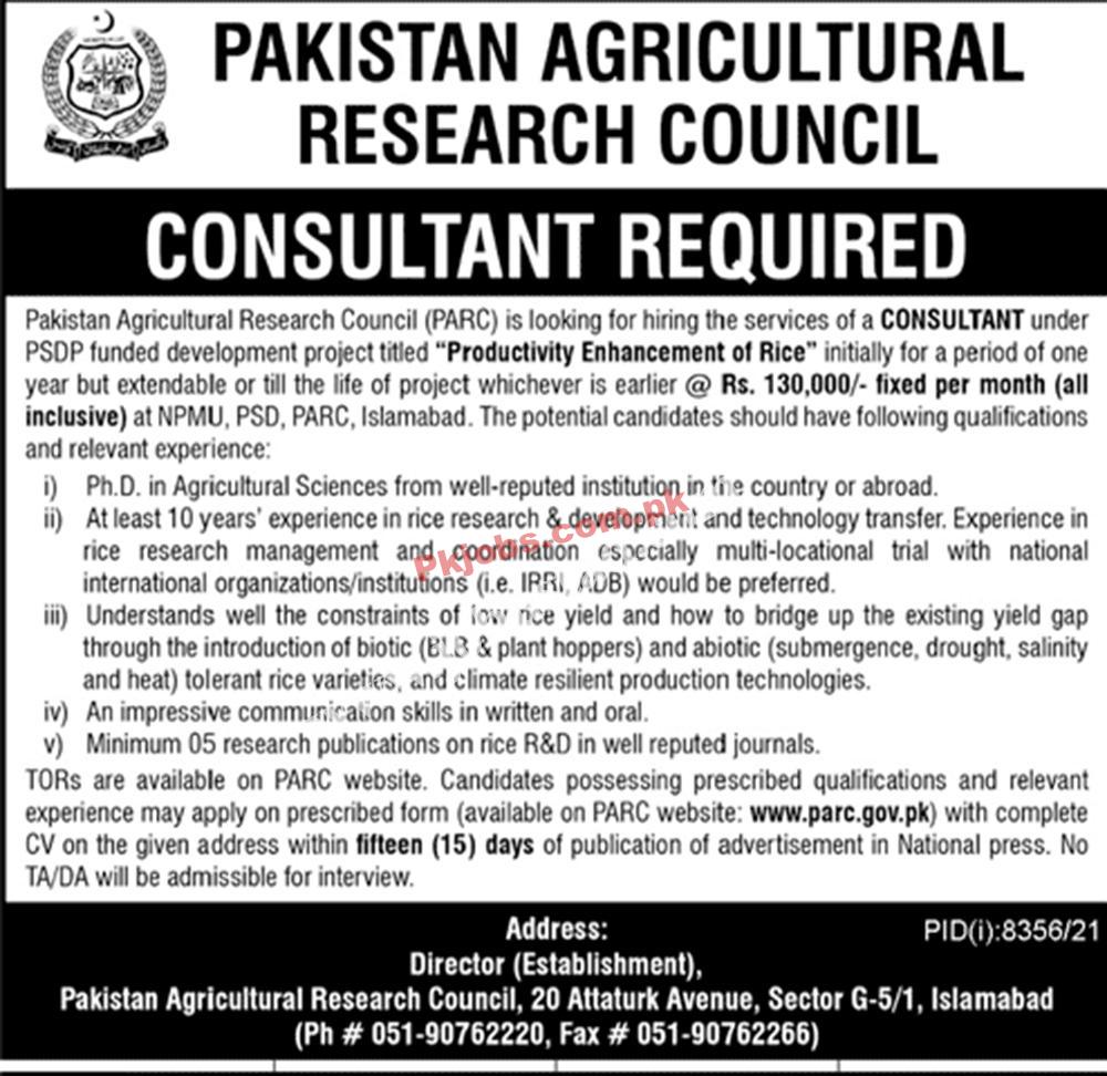 Islamabad Pakistan Agriculture Research Council PARC Today Govt Jobs 2022 Advertisement – Pk Jobs