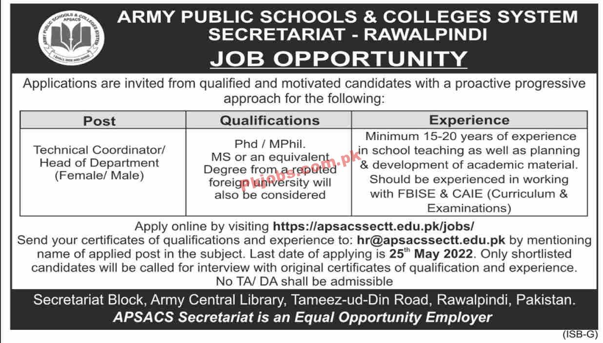 Jobs in Army Public Schools & Colleges System Rawalpindi