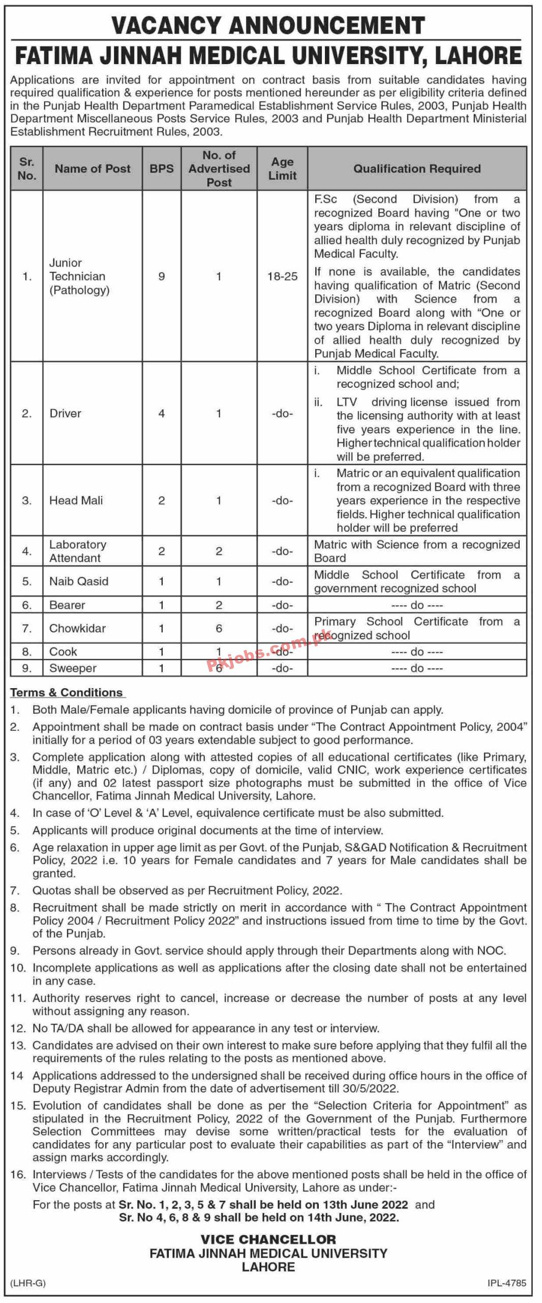 Jobs in Fatima Jinnah Medical University Lahore