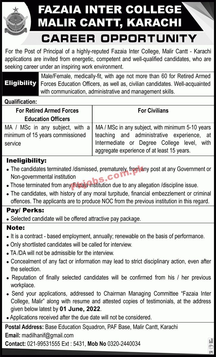 Jobs in Fazaia Inter College