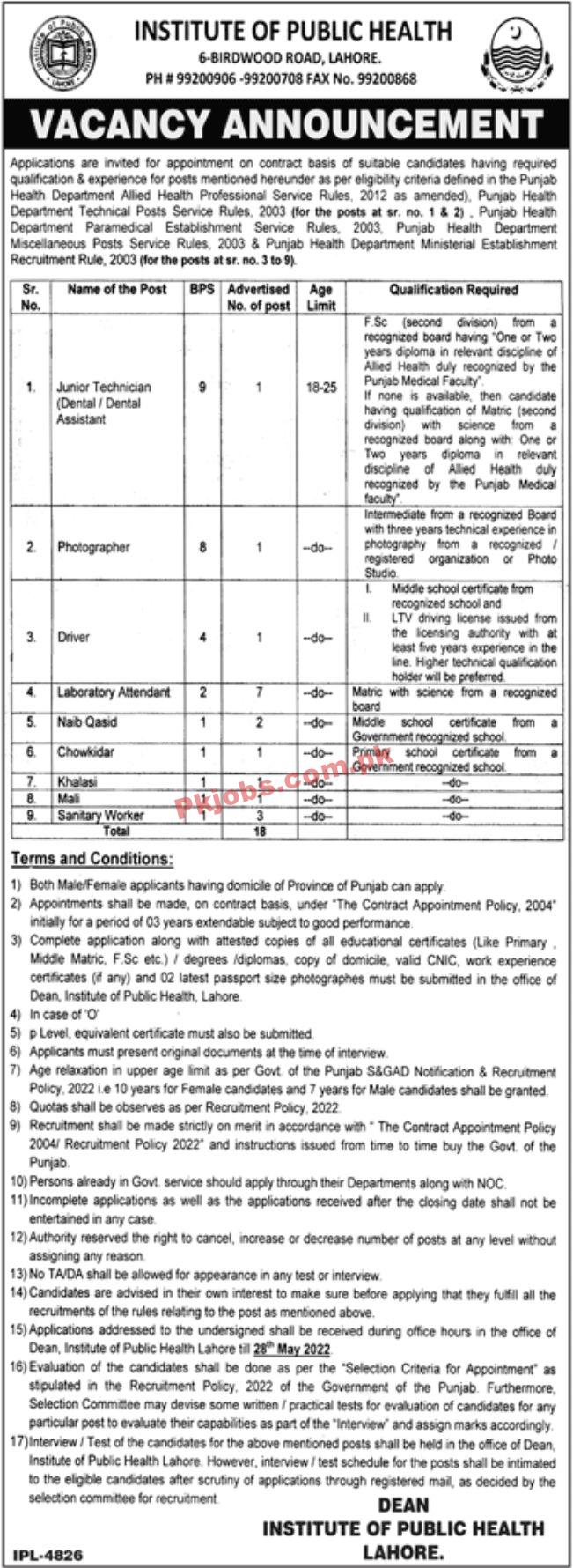 Jobs in Institute of Public Health Lahore