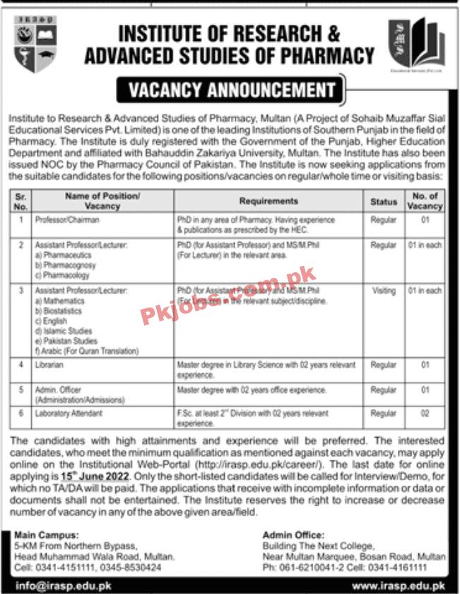 Jobs in Institute of Research & Advanced Studies of Pharmacy