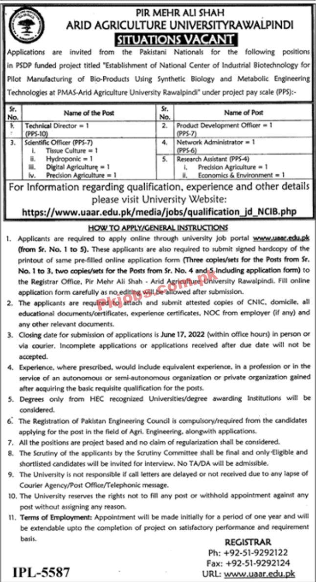 Jobs in PIR Mehr Ali Shah ARID Agriculture University Rawalpindi