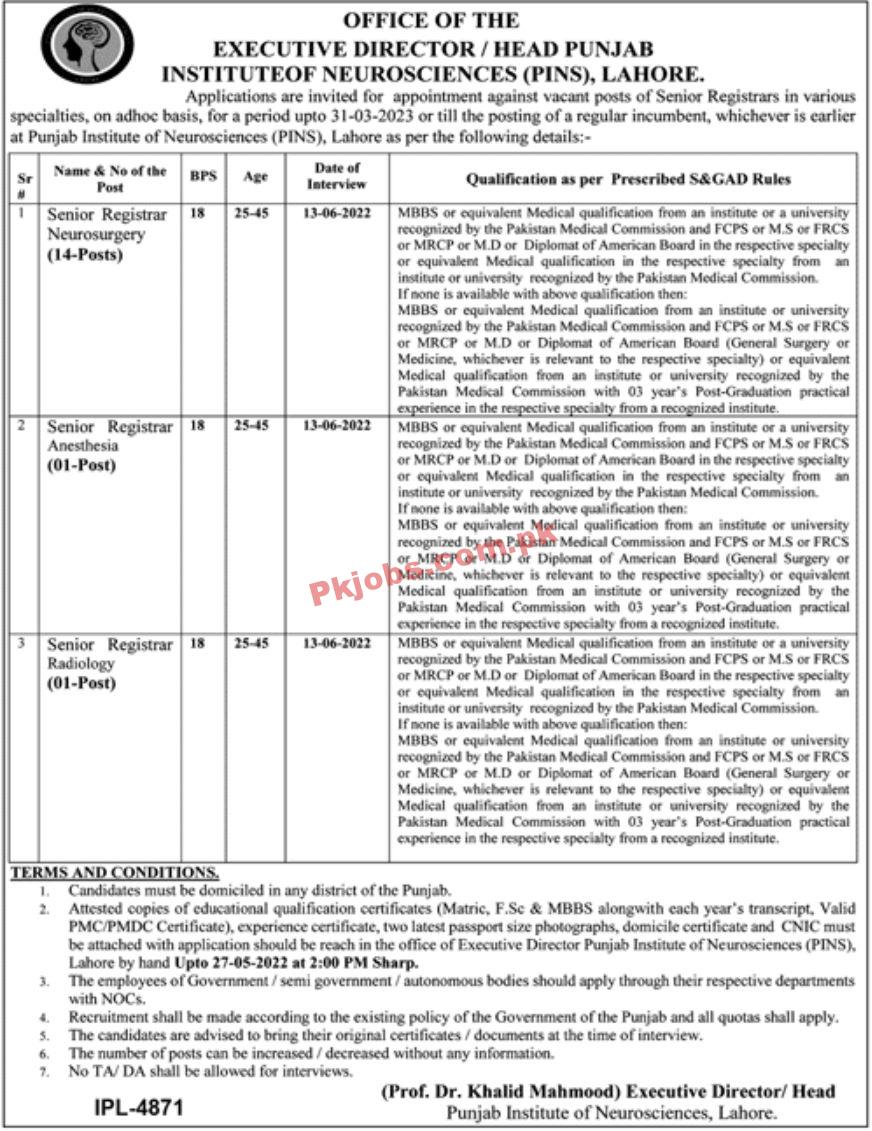 Jobs in Punjab Institute of Neurosciences PINS Lahore