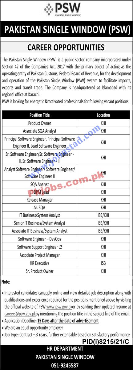 Karachi Pakistan Single Window PSW New Pakistan Today Jobs 2022 Advertisement – Pk Jobs