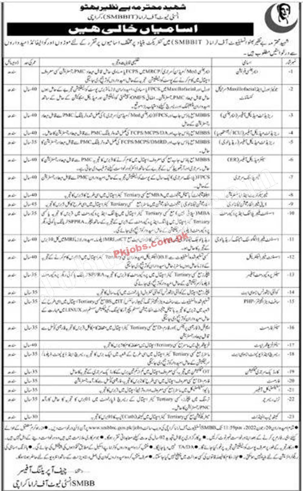 Karachi Shaheed Mohtarma Benazir Bhutto Institute of TraumaSMBBIT Govt in Pakistan Jobs 2022 Advertisement – Pk Jobs