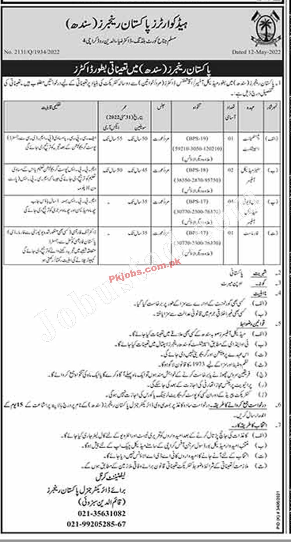 Karachi Sindh Rangers Latest Govt Jobs 2022 Advertisement – Pk Jobs