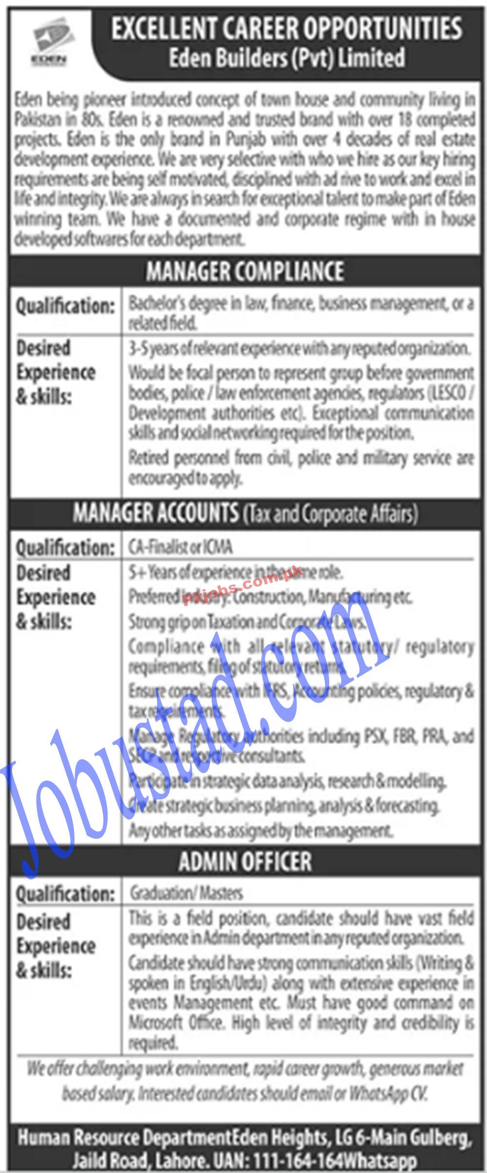 Lahore Eden Builders Pvt Limited Pakistan Govt Today Jobs 2022 Advertisement – Pk Jobs