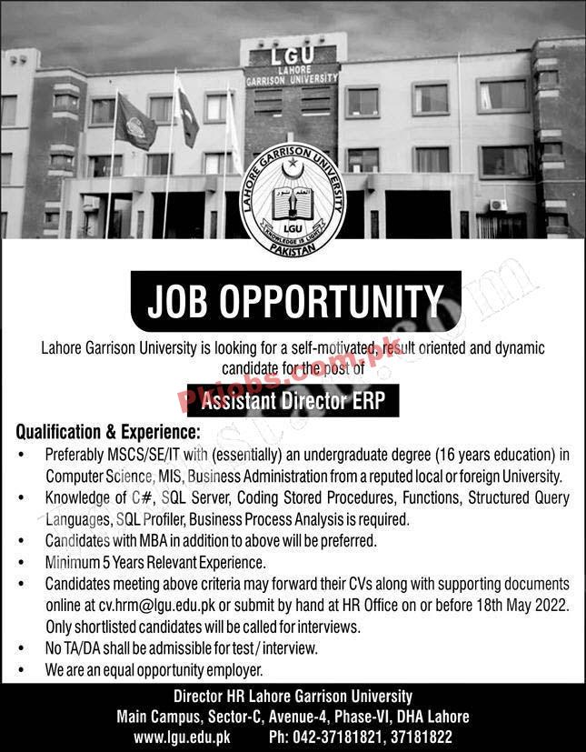 Lahore Garrison University LGU New Vacancy Jobs 2022 Advertisement – Pk Jobs