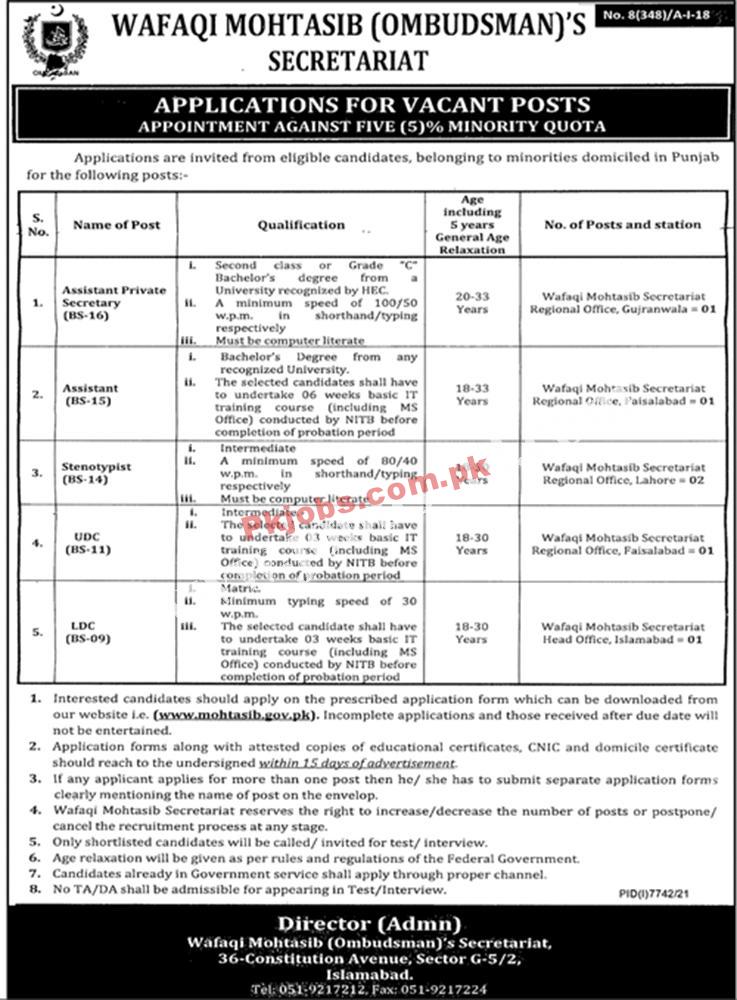 Latest Jobs in Pakistan Today Federal Ombudsman Secretariat Jobs 2022 – Pk Jobs