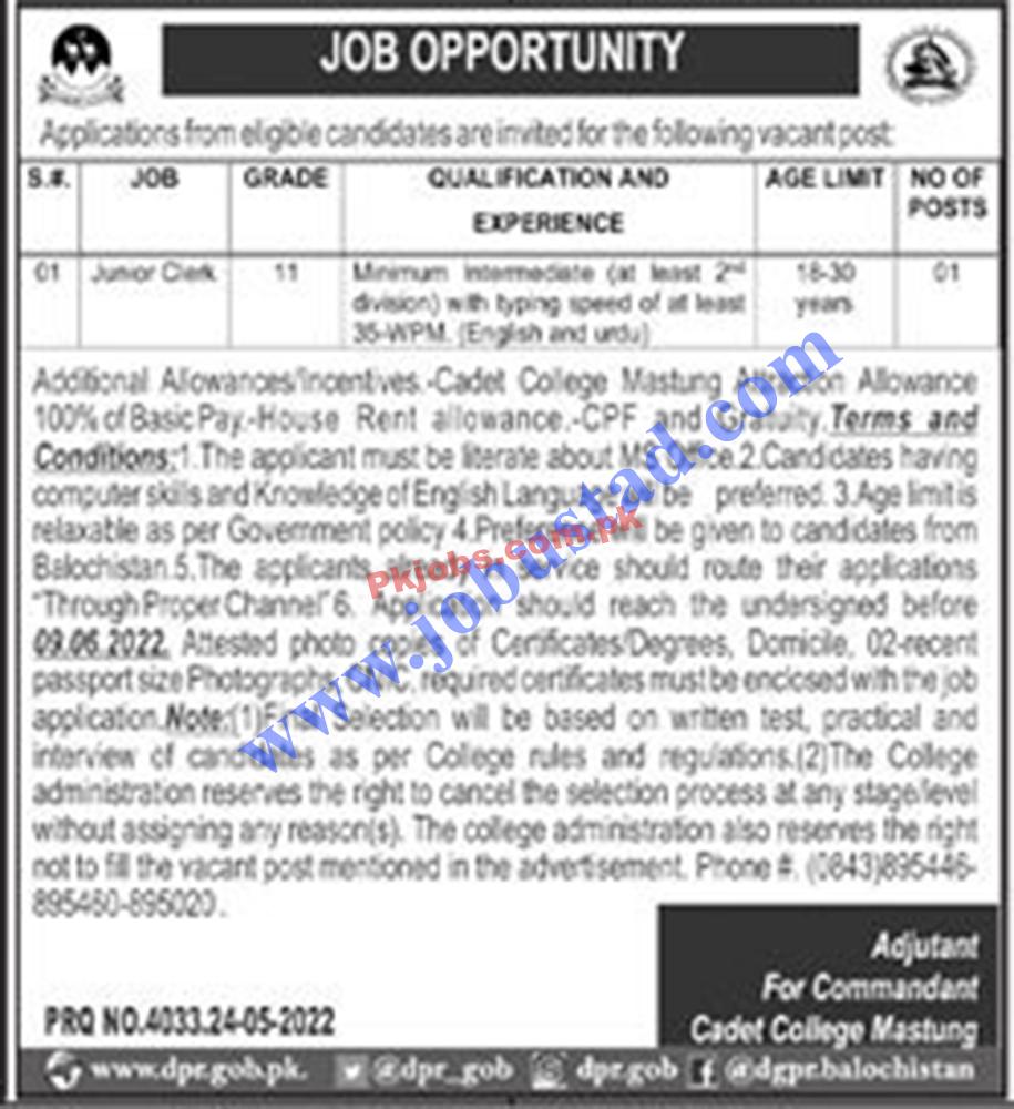 Mastung Cadet College Pakistan Latest Today Jobs 2022 Advertisement – Pk Jobs