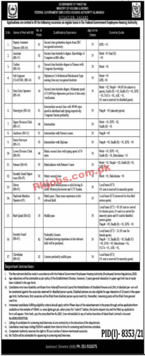 Ministry of Housing & Works Headquarters Announced Latest Recruitments Jobs 2022