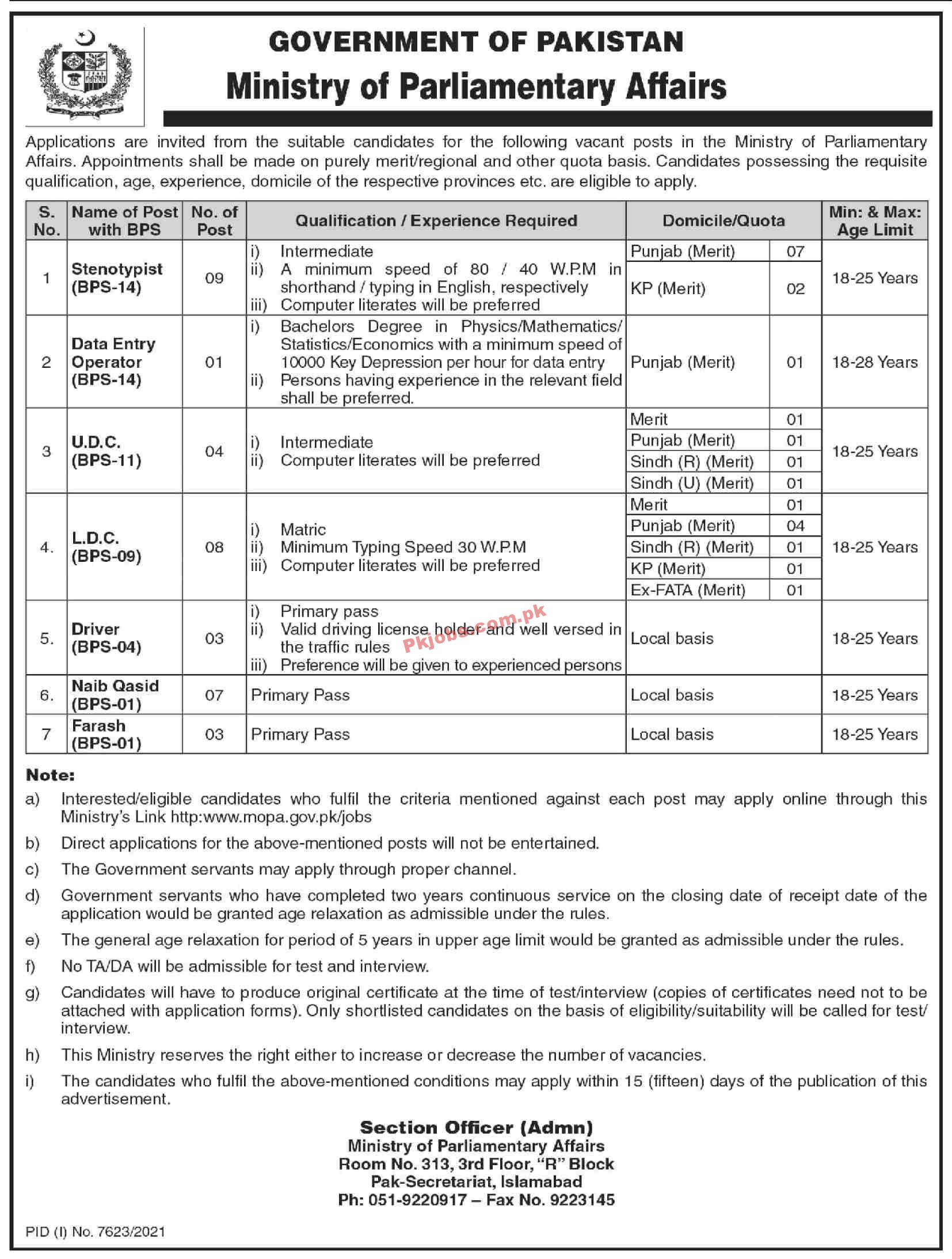 Ministry of Parliamentary Affairs of Pakistan New Jobs 2022 for Lower division clerk (BPS-09),Upper Division Clerk (BPS-11),Naib Qasid (BPS-01) and More New Jobs Vacancy – Pk Jobs