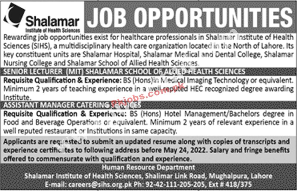 New Jobs Pakistan Today Shalamar Institute of Health Sciences SIHS Jobs 2022 – Pk Jobs