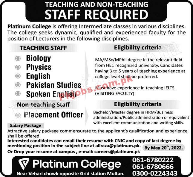 New Latest Jobs Pakistan Platinum College Jobs 2022 – Pk Jobs