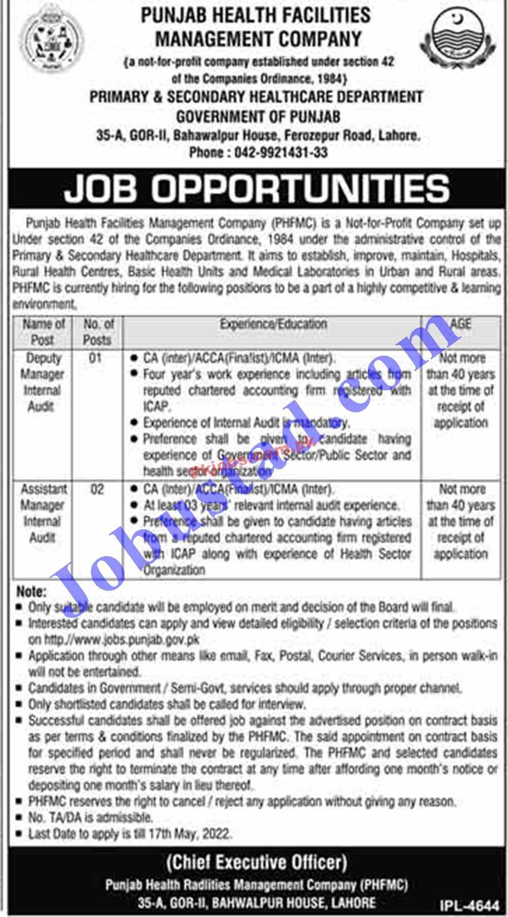 New Latest Jobs Pakistan Punjab Health Facilities Management CompanyPHFMC Jobs 2022 – Pk Jobs