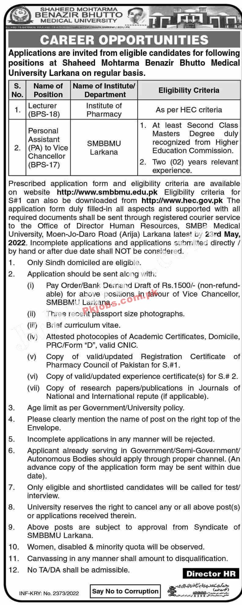 New Latest Jobs Pakistan Shaheed Mohtarma Benazir Bhutto Medical UniversitySMBBMU Jobs 2022 – Pk Jobs