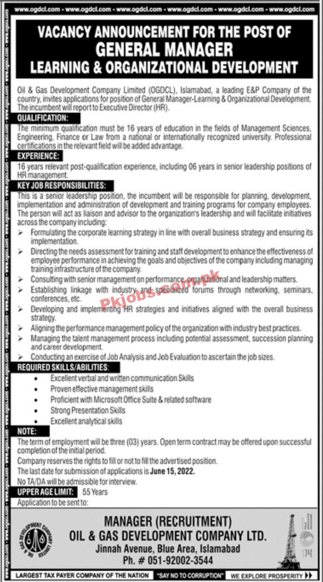 Oil & Gas Development Company Limited Islamabad Jobs May 2022