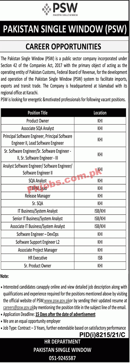 PSW Jobs 2022 | Pakistan Single Window PSW Head Office Announced Latest Recruitments Jobs 2022