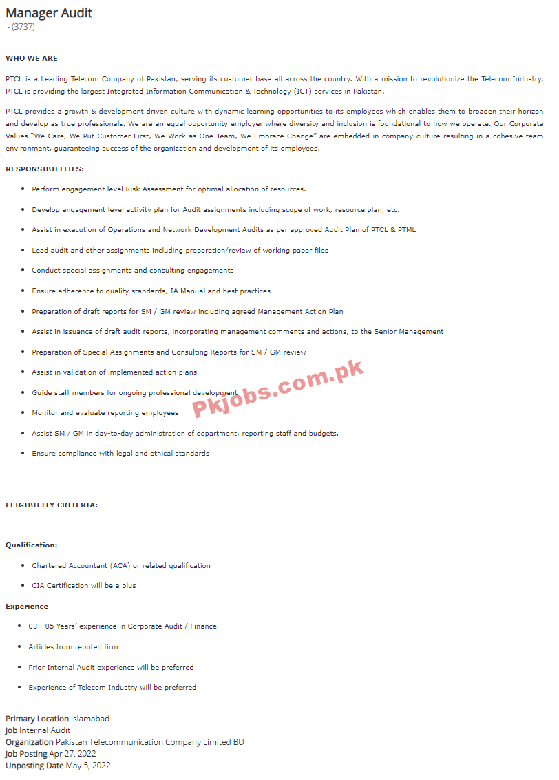 PTCL Jobs 2022 | Pakistan Telecommunication Company Limited PTCL Headquarters Announced Management Jobs 2022