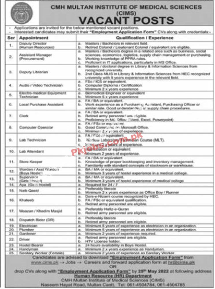 Peshawar CMH Multan Institute of Medical Science New Government Today Jobs 2022 Advertisement – Pk Jobs