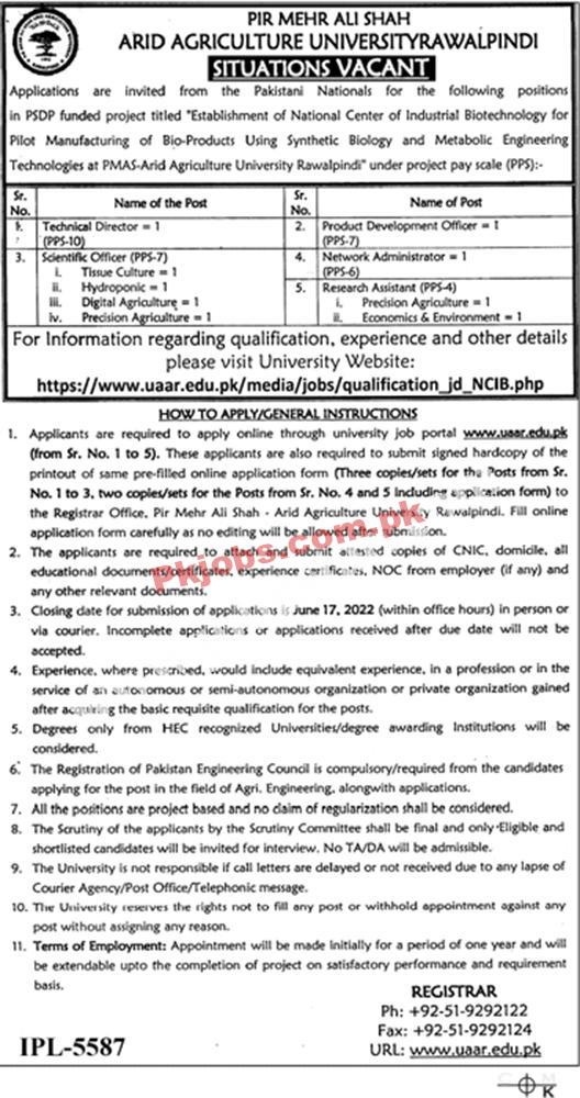 Rawalpindi PMAS Arid Agriculture University Today Jobs 2022 Advertisement – Pk Jobs