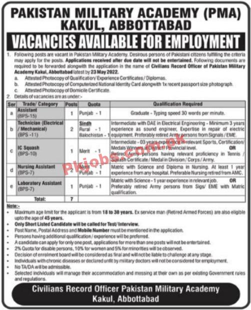 Today Govt Jobs Pakistan Military Academy PMA Jobs 2022 – Pk Jobs