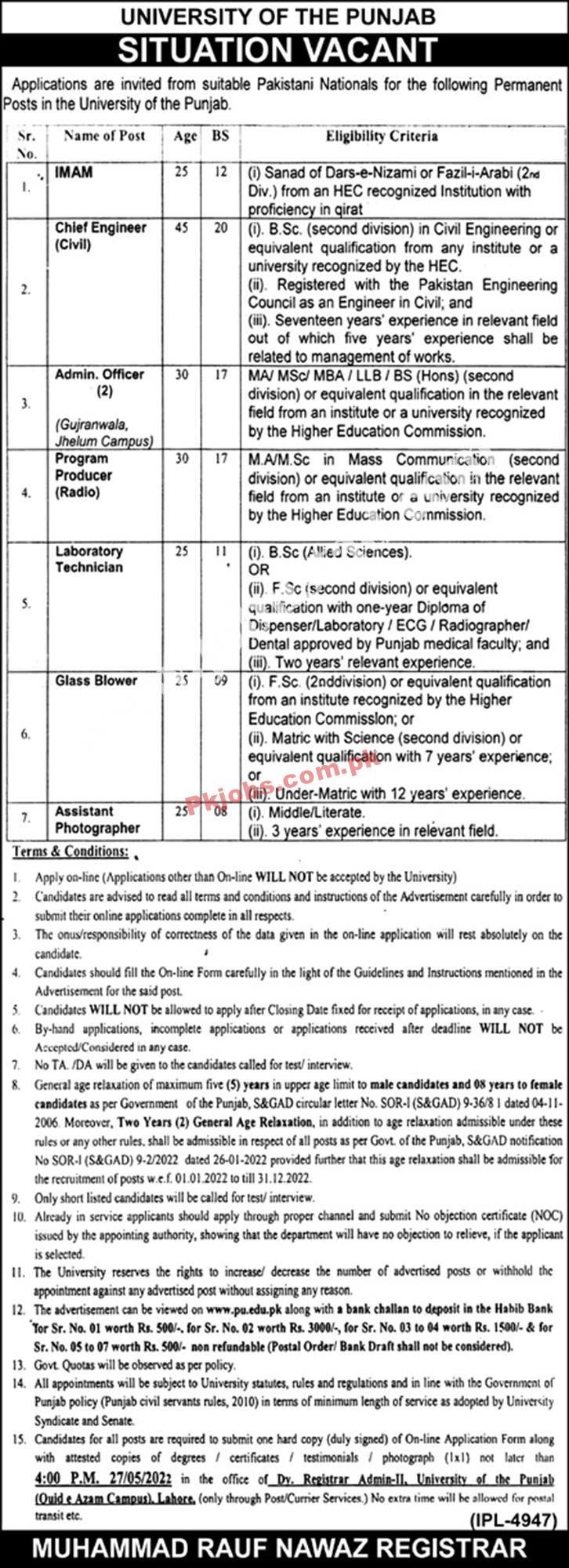 Today Govt Jobs in Pakistan University of Punjab PU Jobs 2022 – Pk Jobs