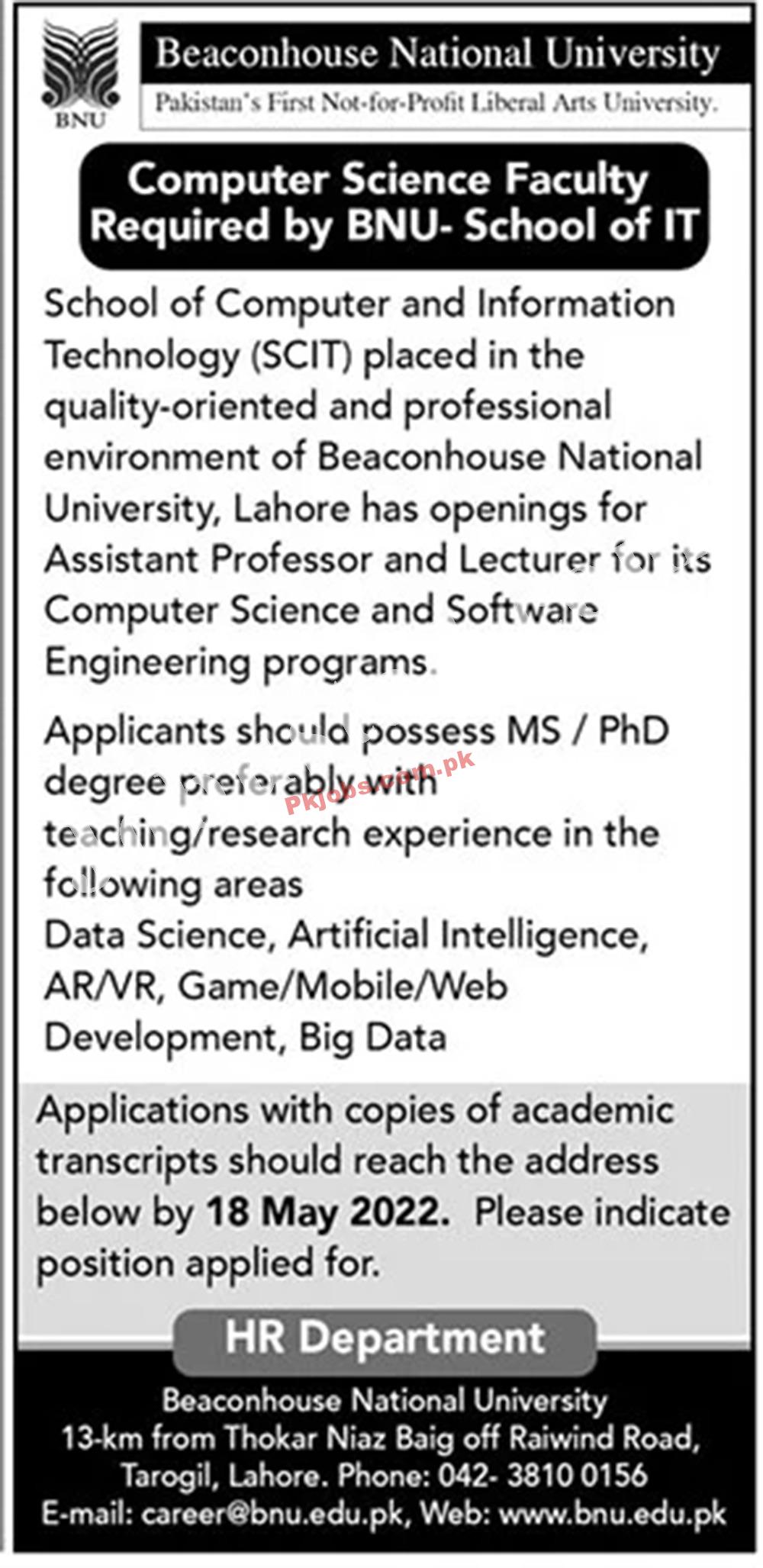 Today New Jobs in Pakistan Beaconhouse National University BNU Jobs 2022 – Pk Jobs