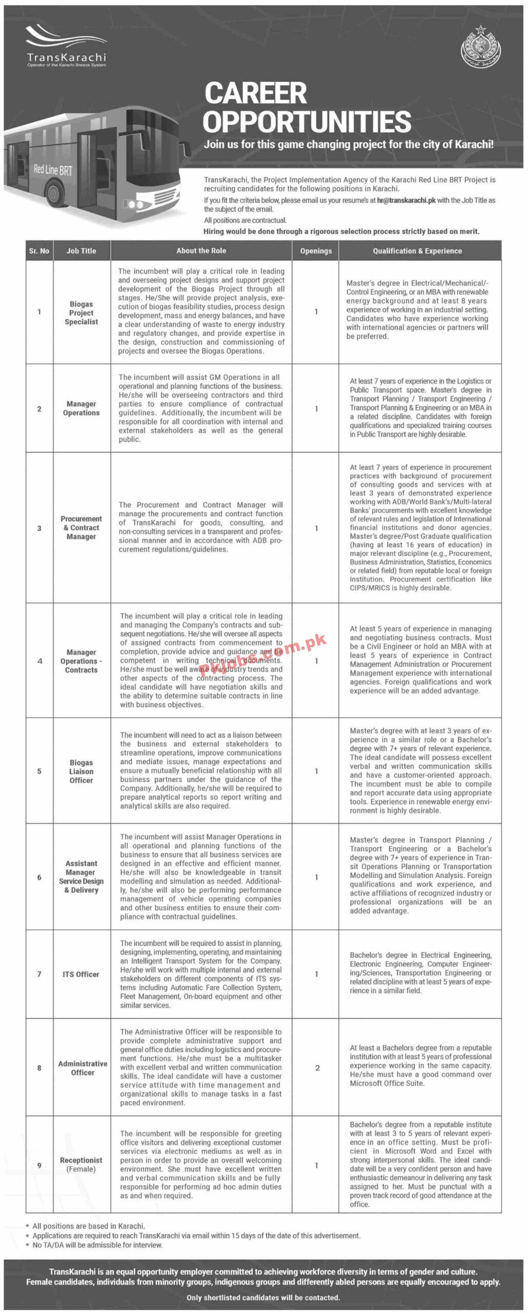 Today govt Jobs in Pakistan TransKarachi Red Line BRT Project Jobs 2022 – Pk Jobs