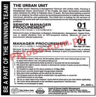 Urban Unit Jobs 2022 | Urban Sector Planning & Management Services Head Office Management Jobs 2022