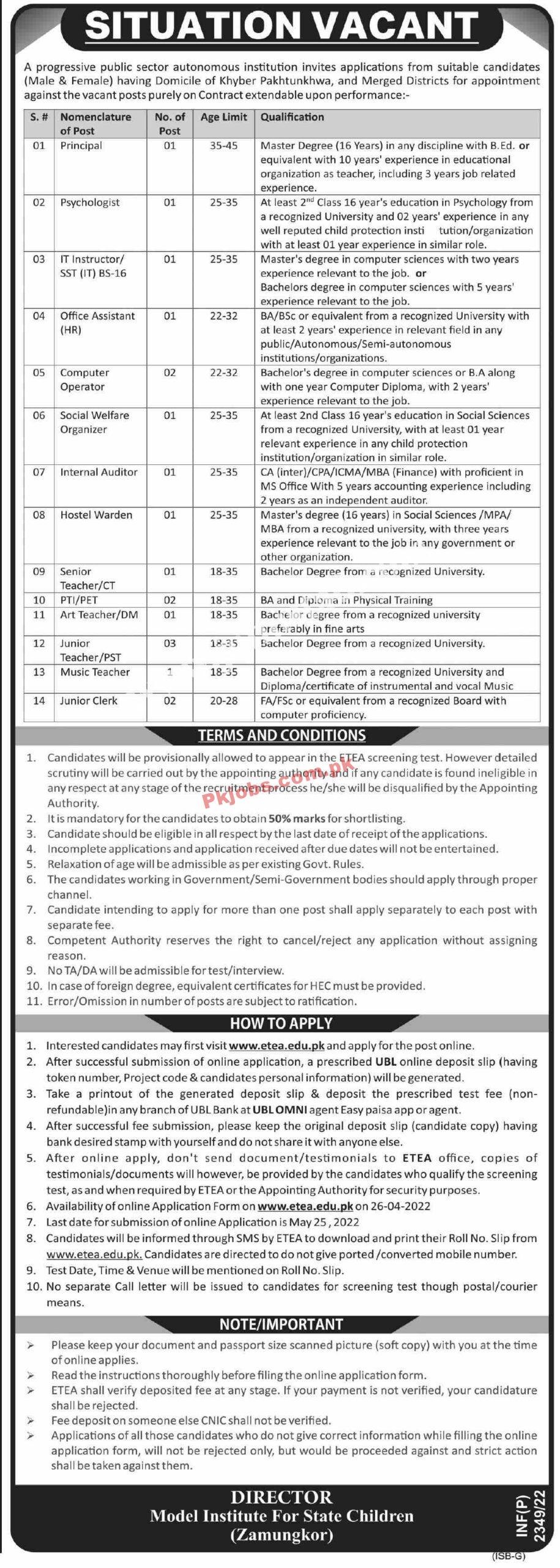 govt jobs 2022 Zamung Kor Model Institute for State Children Jobs 2022 – Pk Jobs