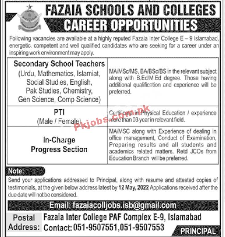 new govt jobs in pakistan Fazaia Inter College Jobs 2022 – Pk Jobs