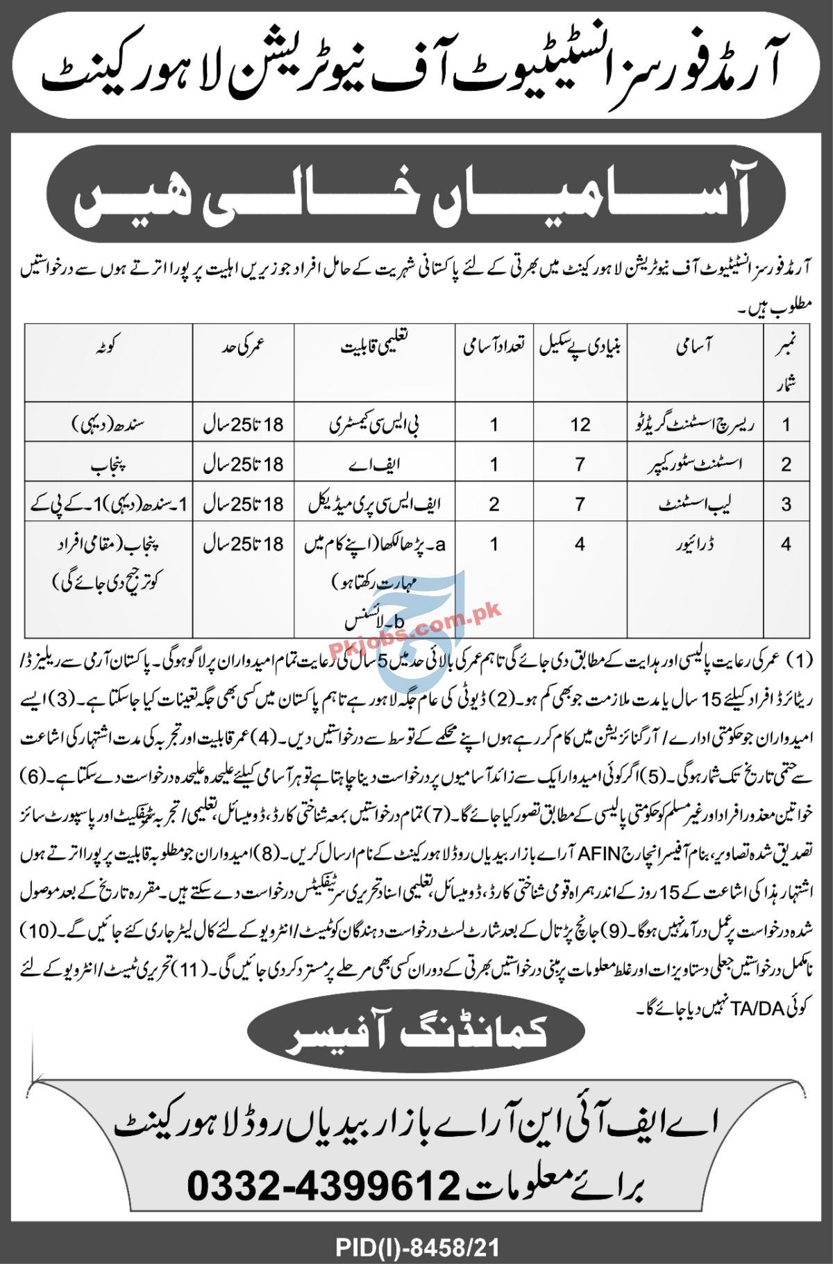 AFIN Jobs 2022 | Armed Forces Institute of Nutrition AFIN Headquarters Announced Latest Management Jobs 2022