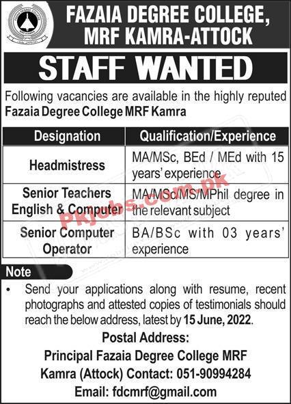 Attock Fazaia Degree College Latest Govt Jobs 2022 Advertisement – Pk Jobs