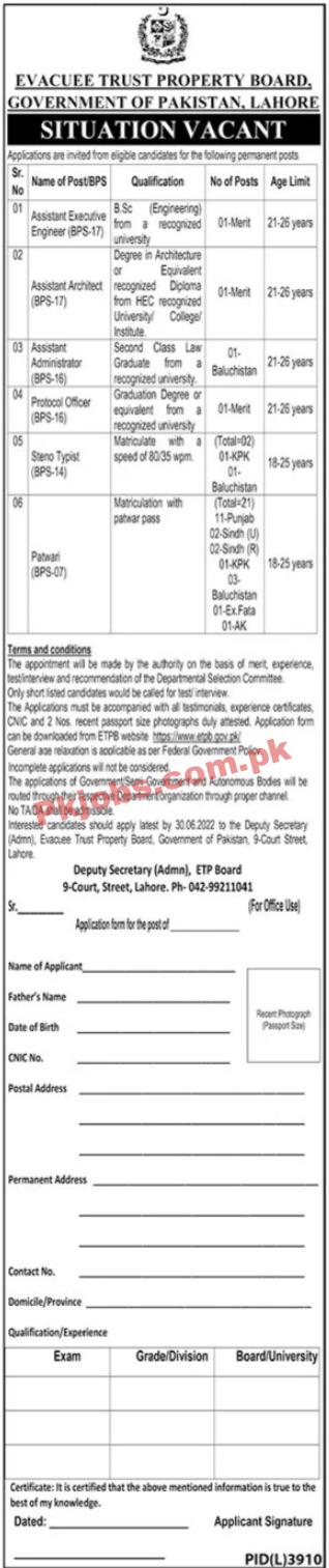 ETPB Jobs 2022 | Evacuee Trust Property Board ETPB Head Office Announced Latest Recruitments Jobs 2022