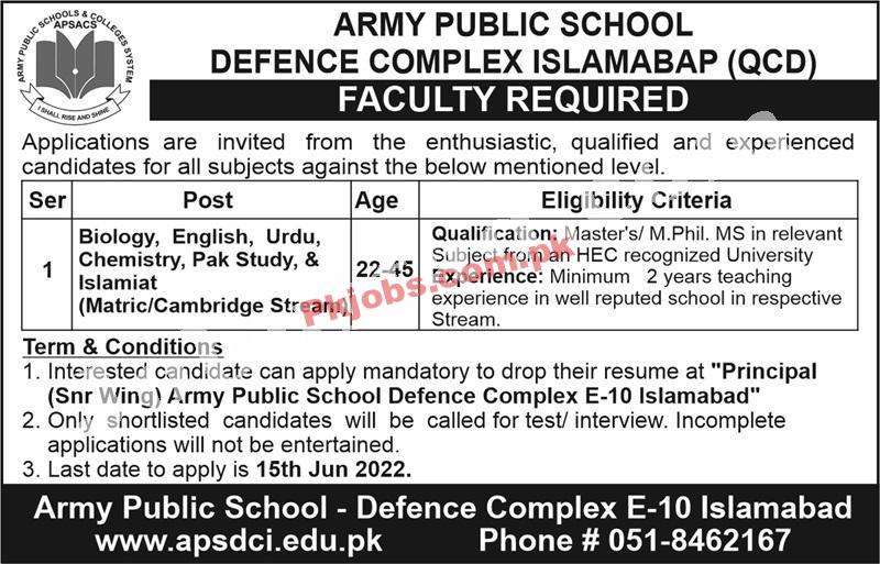 Islamabad Army Public School APS Today Govt in Pakistan Jobs 2022 Advertisement – Pk Jobs